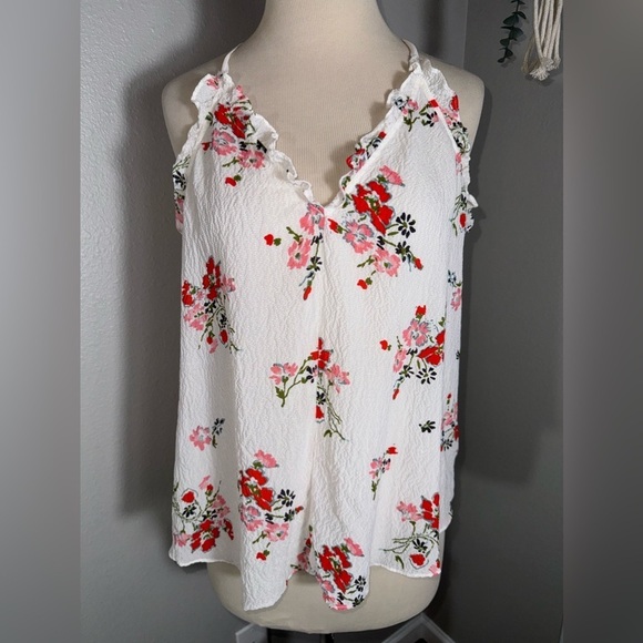 REBECCA TAYLOR Marguerite Silk Floral Ruffled Racerback Crinkle Gauzy Tank sz 10 - Picture 5 of 9